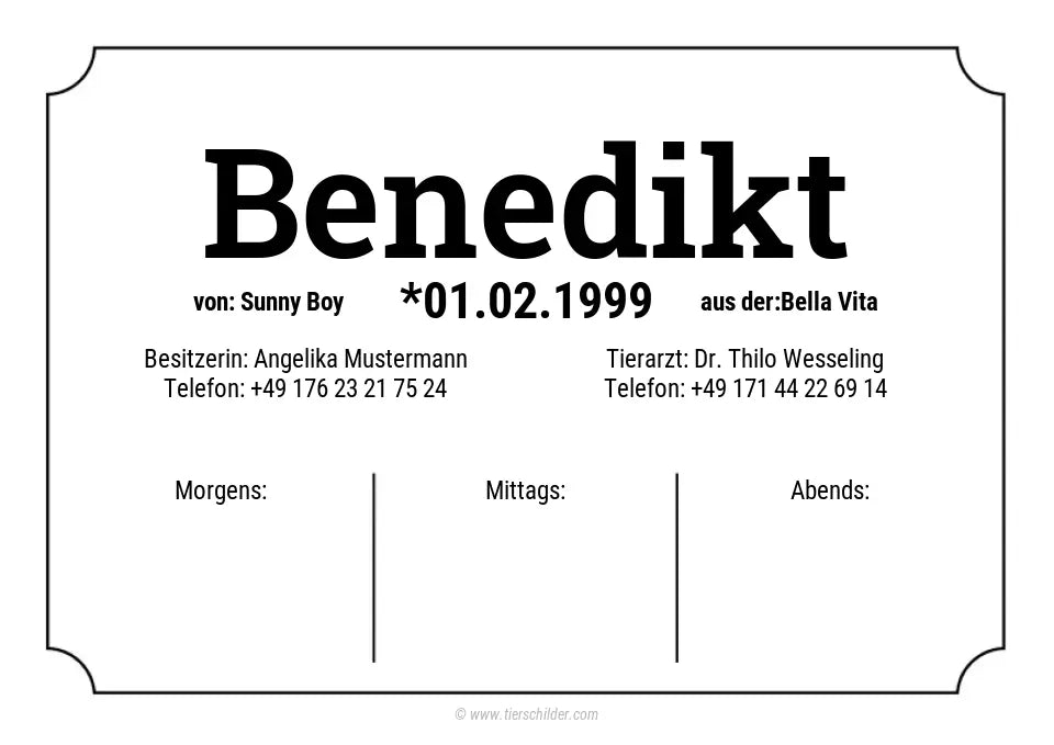 Boxenschild mit Futterplan "Benedikt"