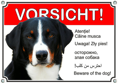 Appenzeller Sennenhund - Warnschild 6 Sprachen – Hundeschild aus Aluminium