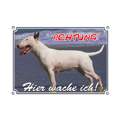 Bullterrier - Hier wache ich – Hundeschild aus Aluminium