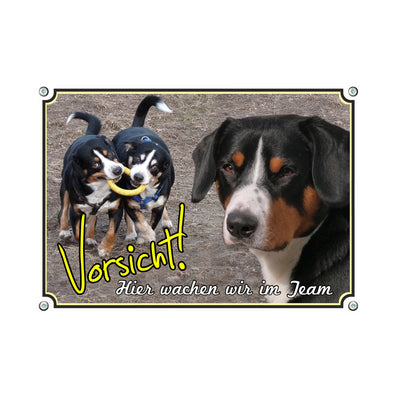 Entlebucher Sennenhund - Hier wachen wir – Hundeschild aus Aluminium