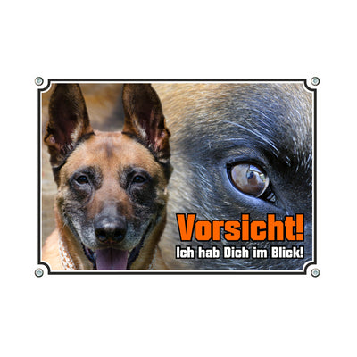 Malinois - Vorsicht im Blick – Hundeschild aus Aluminium