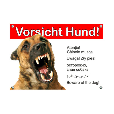 Malinois - Vorsicht Hund 6 Sprachen – Hundeschild aus Aluminium