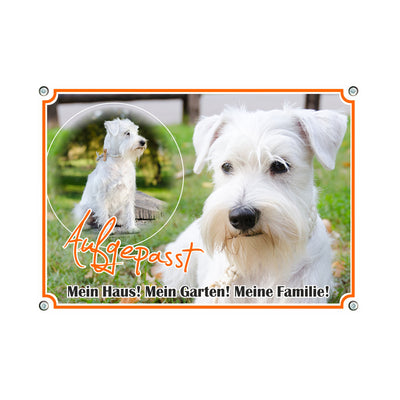 Schnauzer - Aufgepasst mein Haus mein Garten meine Familie – Hundeschild aus Aluminium