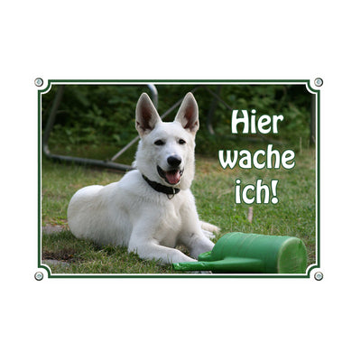Weißer Schäferhund - Hier wache ich – Hundeschild aus Aluminium