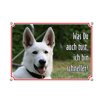 Weißer Schäferhund - ich bin schneller – Hundeschild aus Aluminium