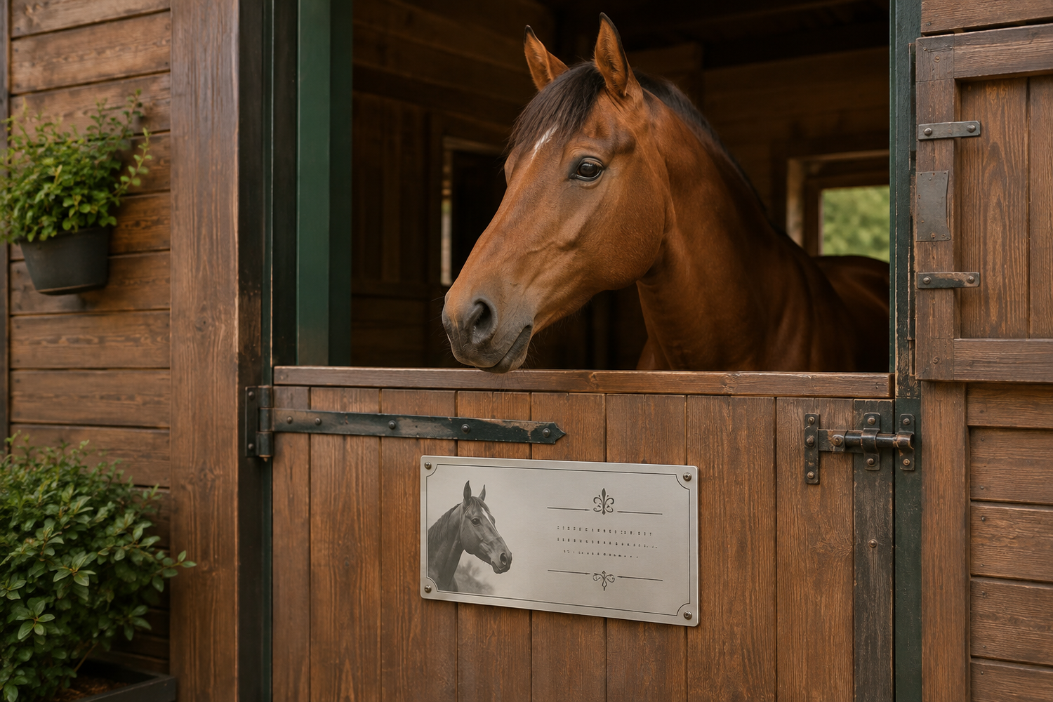 Pferd schaut aus einer Stallbox mit personalisiertem Aluminiumschild an der Holztür