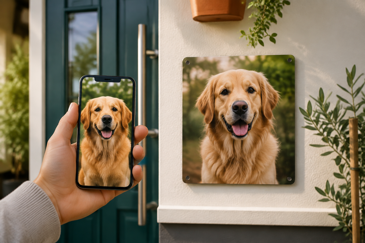Eigenes Hundefoto auf dem Smartphone und als fertiges personalisiertes Aluminiumschild