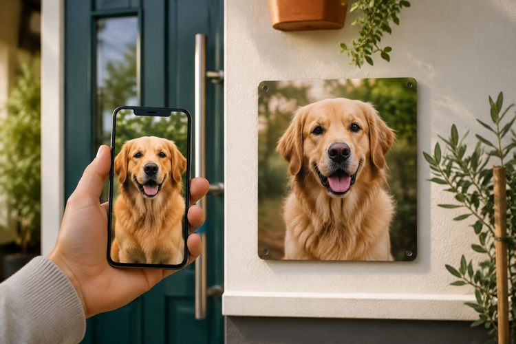 Eigenes Hundefoto auf dem Smartphone und als fertiges personalisiertes Aluminiumschild