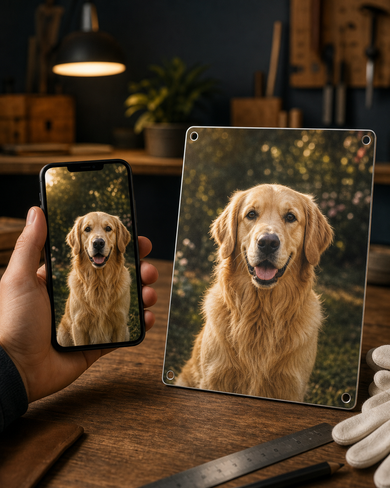 Ein Hundefoto auf dem Handy wird zum persönlichen Aluminiumschild mit vier Bohrlöchern