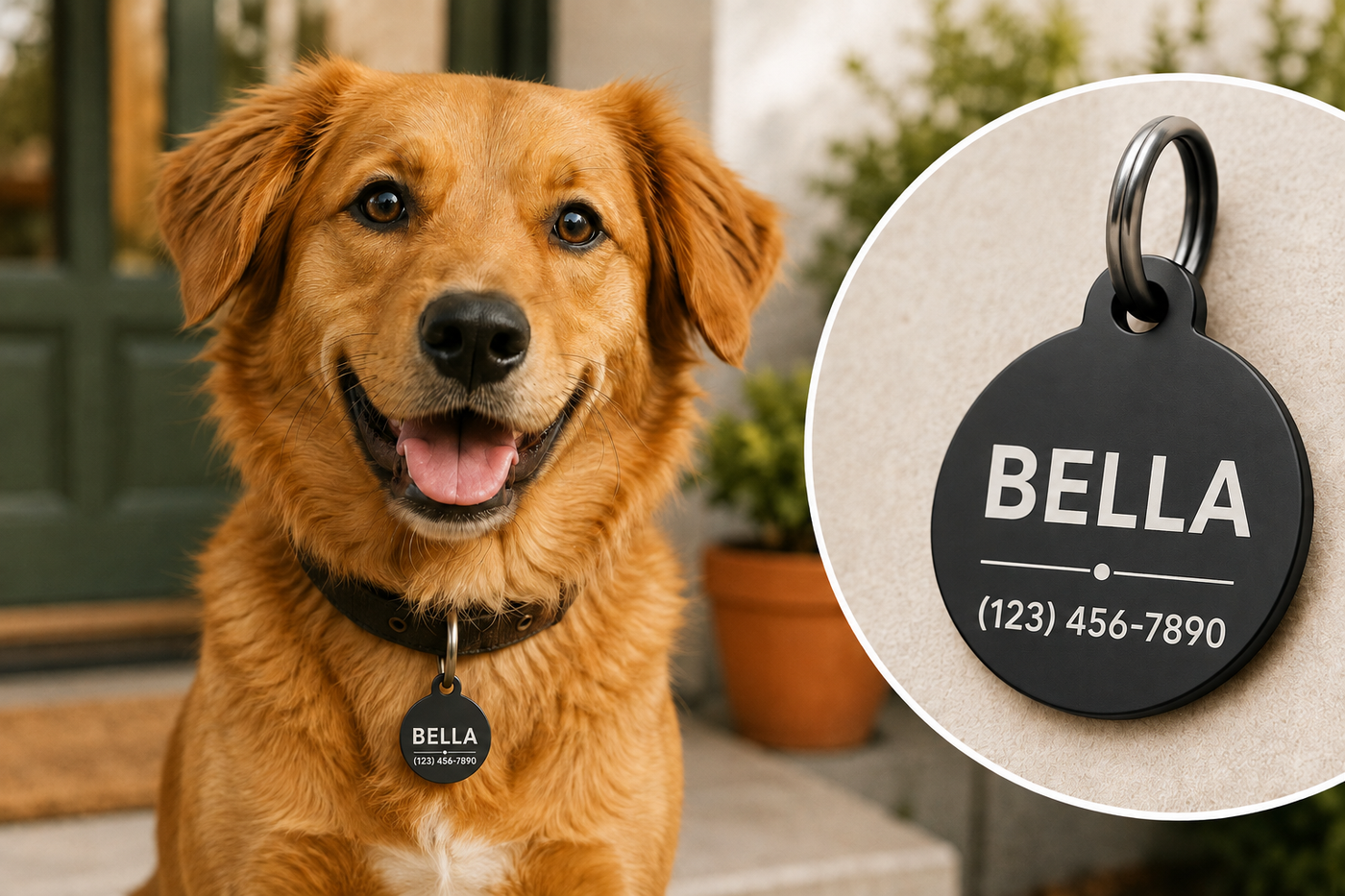Hund trägt eine bedruckte personalisierte Hundemarke mit Name und Telefonnummer